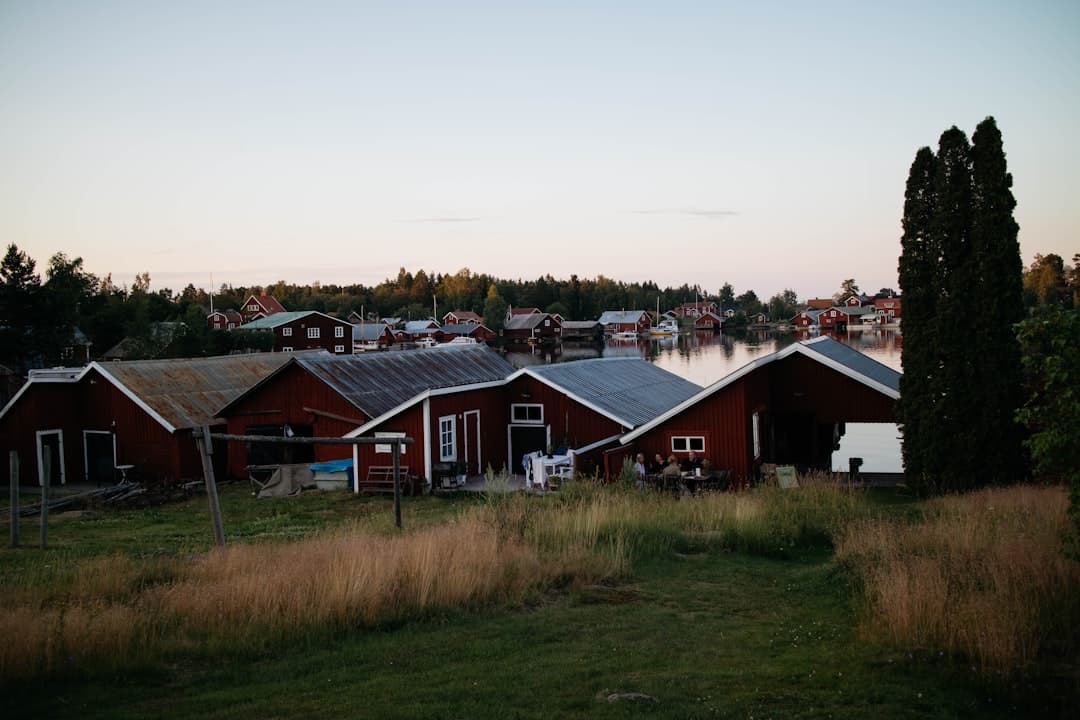 Röda svenska trähus vid sjö i kvällsljus